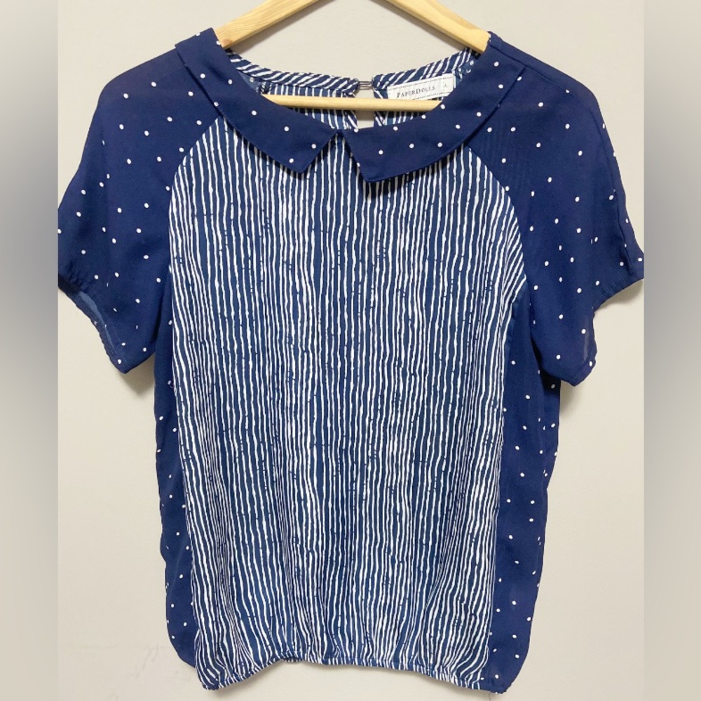 Paper Doll Navy Blue Striped and Polka Dot Blouse